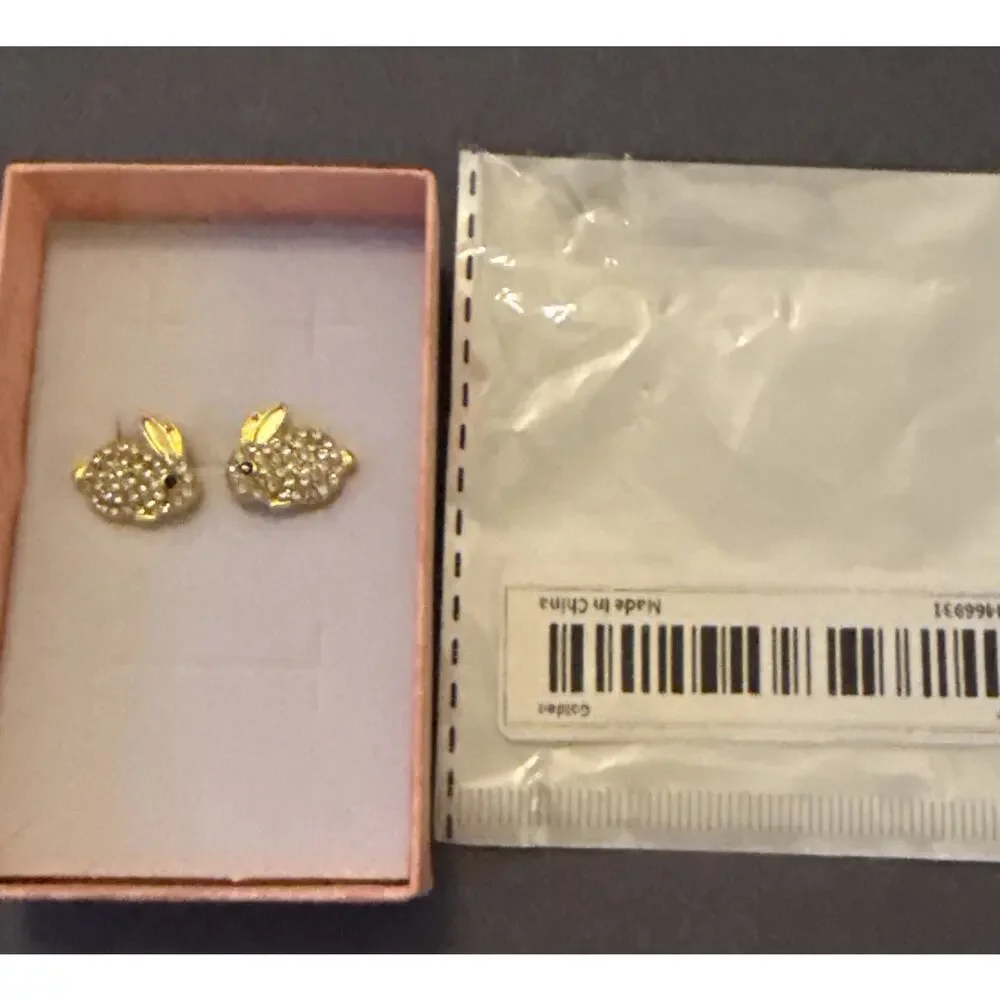 NWT Gold Elegant Rabbit Stud Earrings With Sparkly Rhinestones Easter
